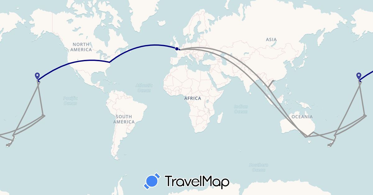 TravelMap itinerary: driving, plane in Australia, France, New Zealand, French Polynesia, Thailand, United States, Vietnam (Asia, Europe, North America, Oceania)